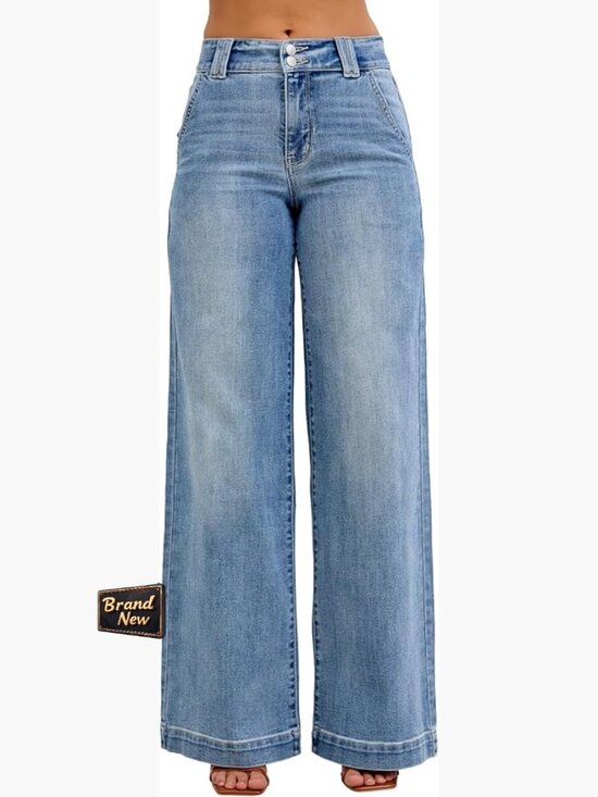 Denim - High Waisted Wide Leg Trouser Jeans - 93% Cotton Stretch Denim